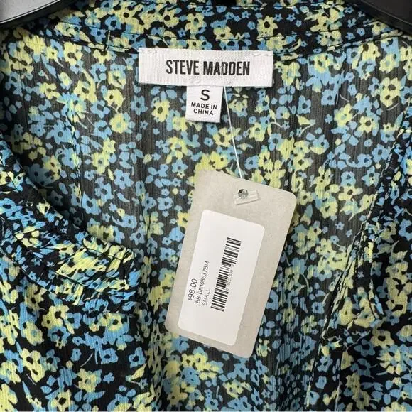 NWT Steve Madden Leigh Midi Dress Blue Yellow V-Neck Floral Dress Women’s Small - Picture 4 of 7